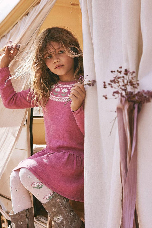 Knitted Dress With Flower Jacquard Raspberry Pink