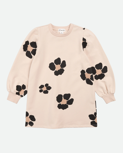 Bold Flower Print on Almond Fleece Sweater Dress