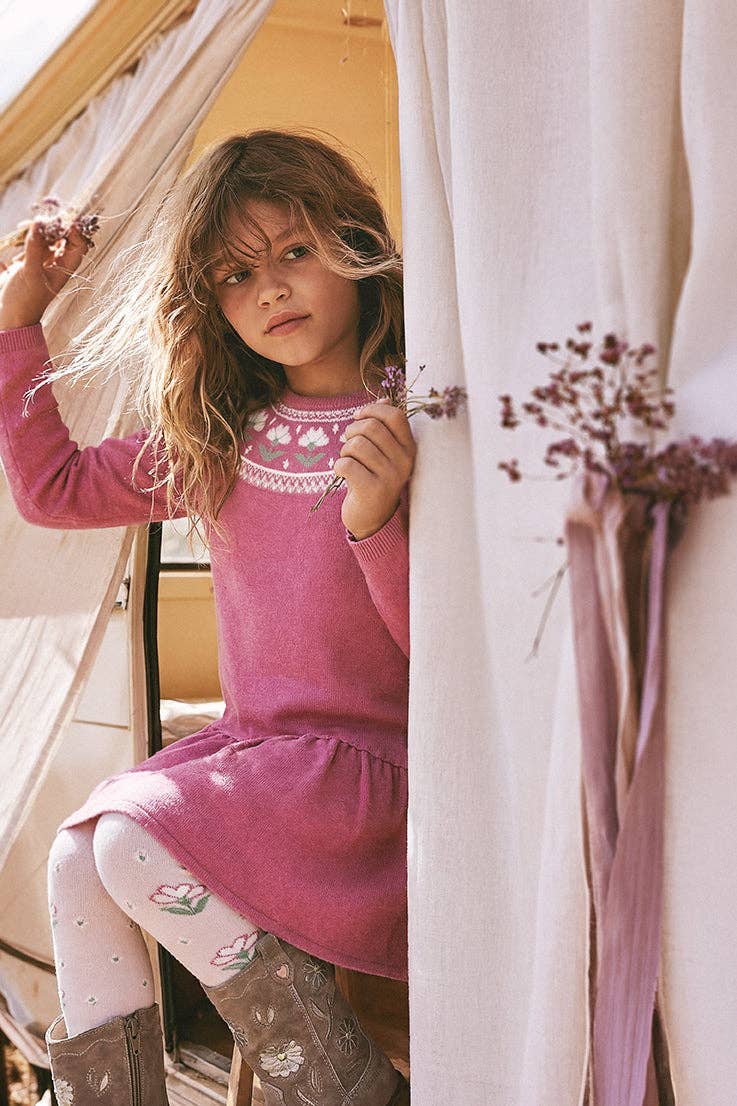 Knitted Dress With Flower Jacquard Raspberry Pink